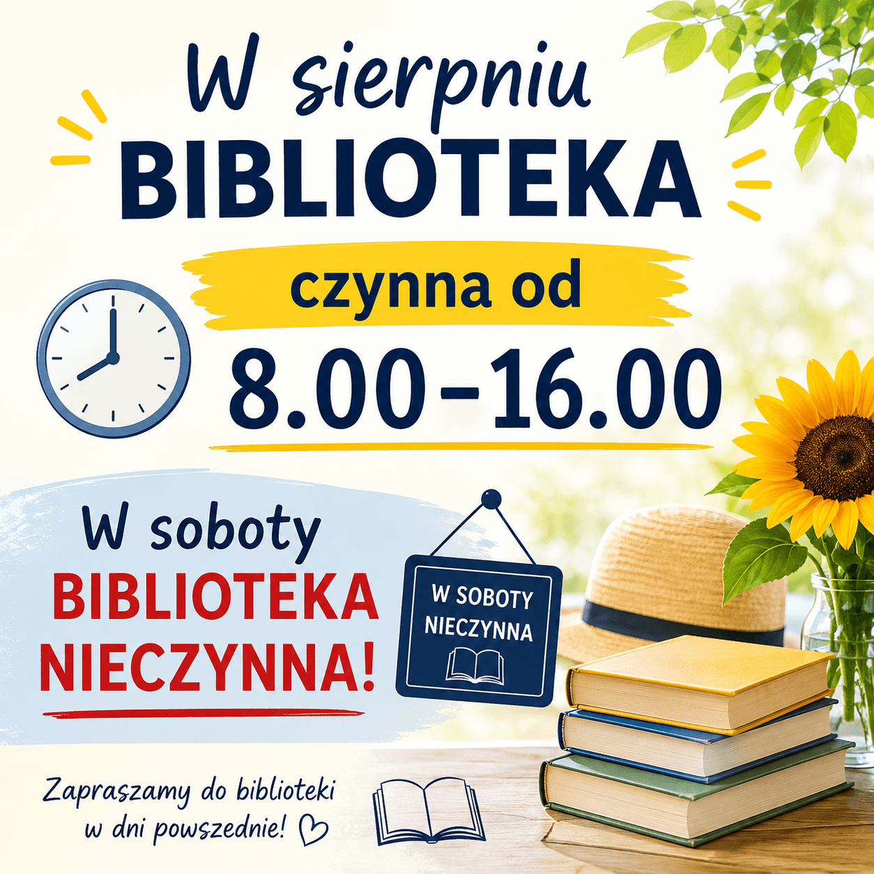 Zmiana godzin otwarcia biblioteki w sierpniu 2026 r.