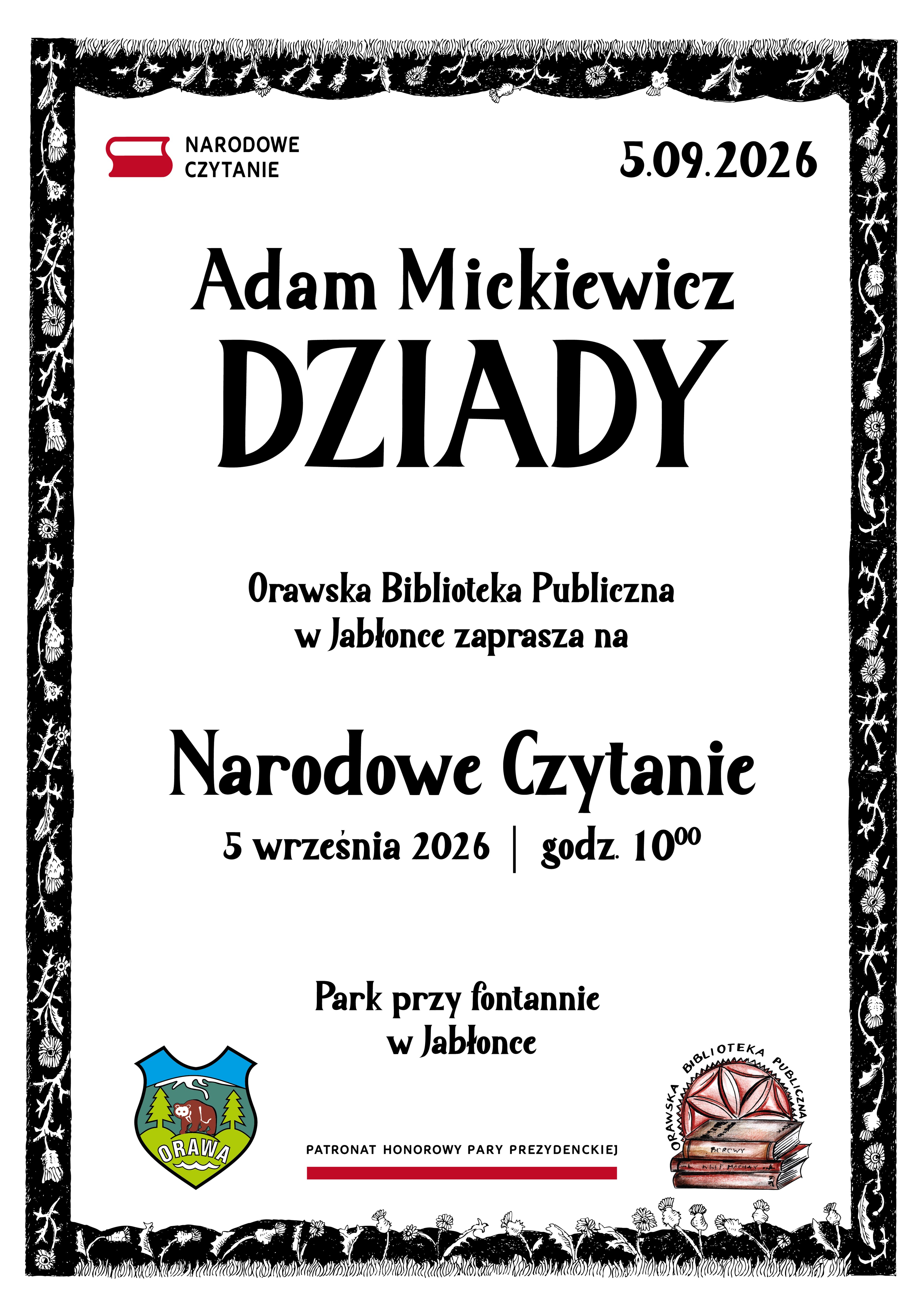 Narodowe Czytanie 2026 w Jabłonce – Czytamy „Dziady” w parku przy fontannie!